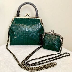 Vintage style Handmade Genuine Embossed Leather Top Handle Bag & Small Purse Set